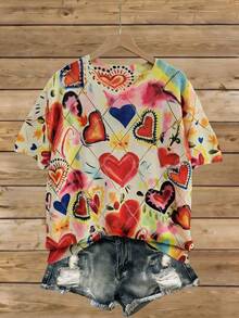 Resyla Women's 3D Heart Pattern Digital Printing Short Sleeve Knit Top - Multicolor - View 1