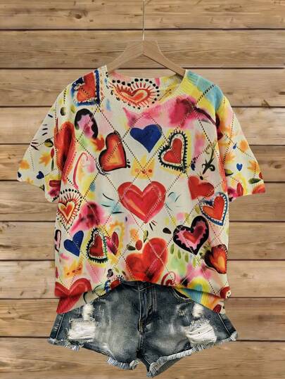 Resyla Women's 3D Heart Pattern Digital Printing Short Sleeve Knit Top