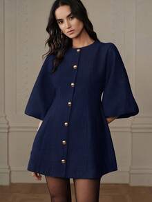Aveloria Rosie Fashionable Design Sense High-End Elegant Versatile Lantern Sleeve Herringbone Knit Dress - Blue - View 1