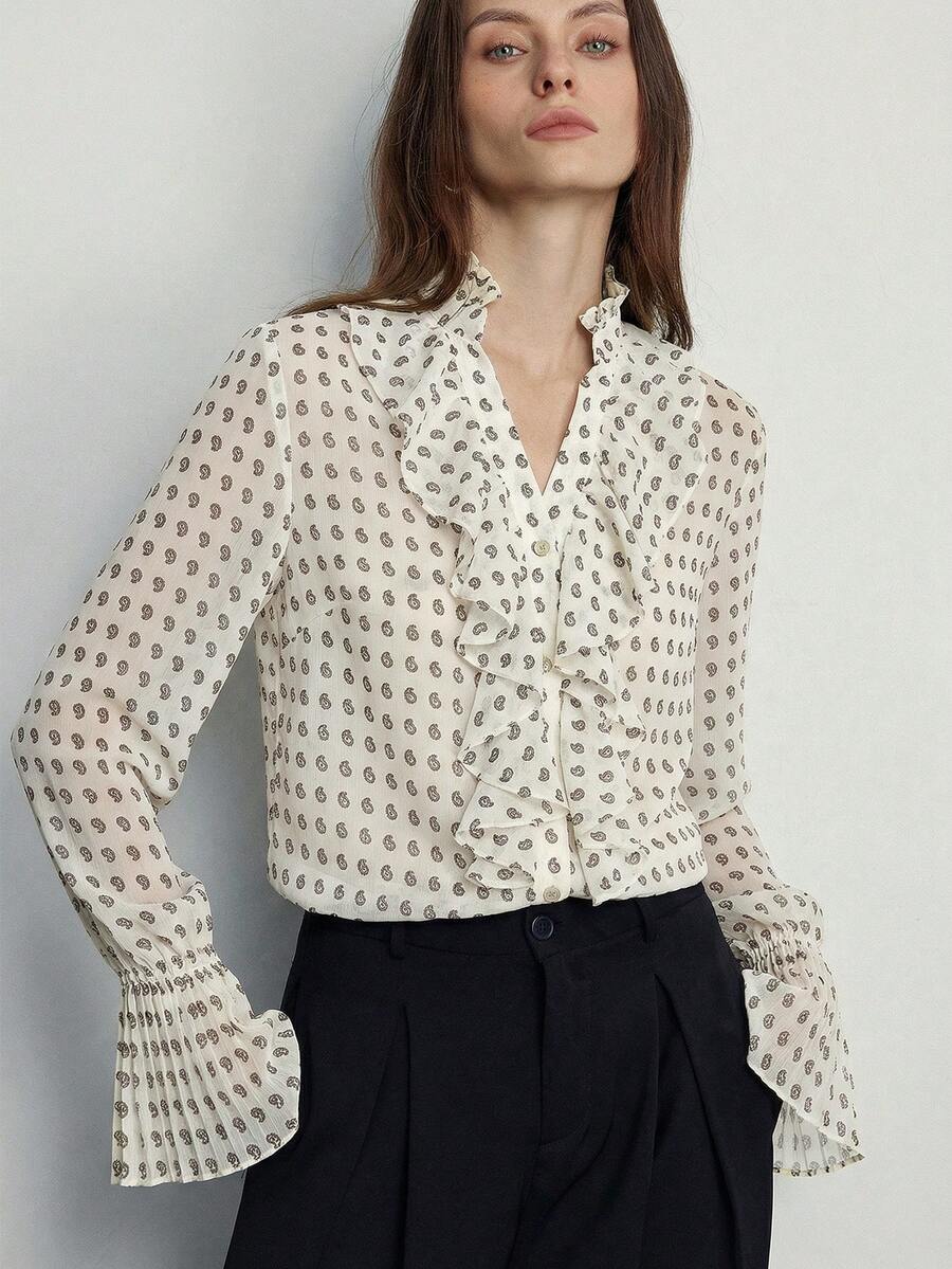 Aveloria Modichic Áo kiểu dáng thanh lịch, rộng rãi, in họa tiết hoa Paisley và hoa điều, chất liệu chiffon xếp lớp, cổ bèo nhún, cài cúc phía trước, phong cách cổ điển dành cho nữ. - Màu be - Xem 1