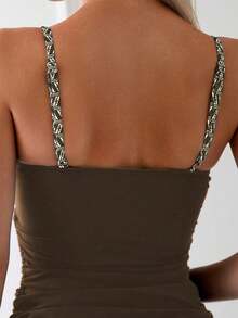 Swim Lushoire Women's Summer Vacation Beach Pattern Print Side Drawstring Tankini Set - Coffee Brown - View 4