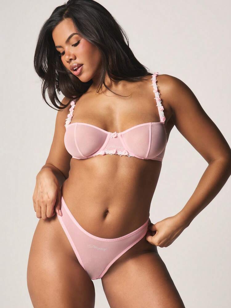 Missguided x Playboy Lace Trim Balconette Bra And Panty Set With Floral Applique Details And Adjustable Straps For Intimate Occasions