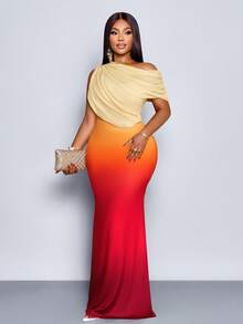 SOLERSUN Đầm dài dáng suông, ôm eo, màu gradient, chất liệu vải dệt kim, không tay, lệch vai, không tay, phối ren, thích hợp cho tiệc cưới mùa hè dành cho nữ, đi nghỉ mát. - trái cam - Xem 6