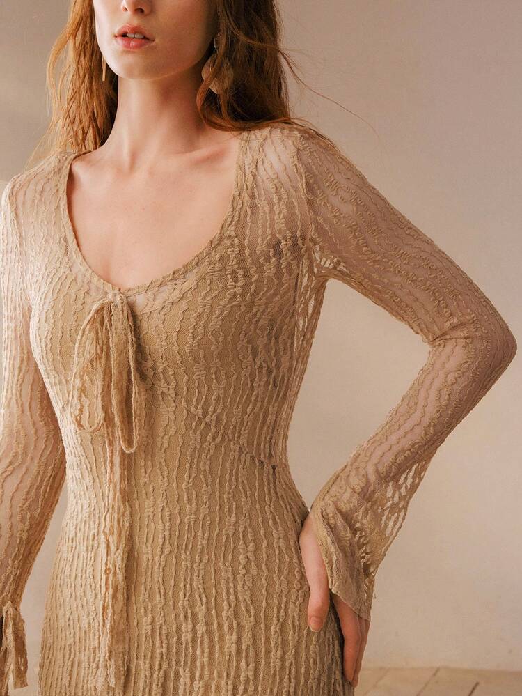 V-NECK KNOTTED WAIST SHEER LACE DRESS