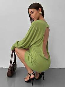 Aloruh Coffee Brown Knit Elastic Fabric Bodycon Asymmetric Shoulder Backless Mini Dress For Women - Green - View 6