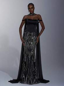 Elitara Đầm đuôi cá sang trọng, đính cườm và sequin, chất liệu satin co giãn, cổ yếm, thích hợp cho đám cưới, tiệc tùng, dạ hội, tiệc chiêu đãi. - màu đen - Xem 4