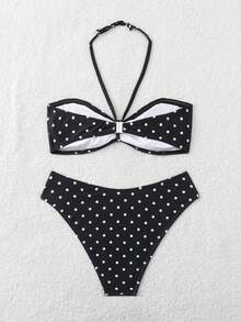 SHEIN Teen Girls' Polka Dot Print Camisole Bikini Top For Beach Vacation, Summer - Black and White - View 2