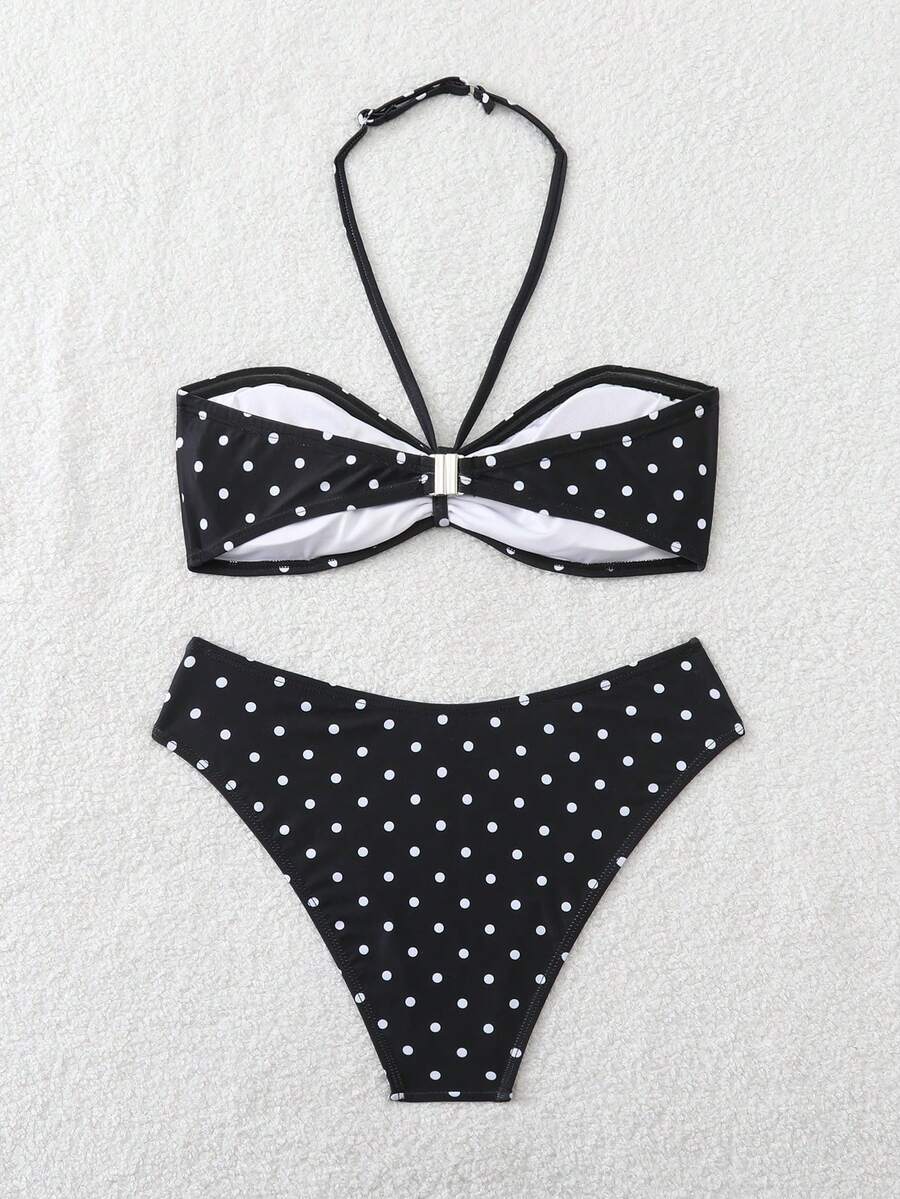 Áo bikini hai dây in chấm bi dành cho thiếu nữ, thích hợp cho kỳ nghỉ hè ở bãi biển. - Đen và trắng - Xem 1