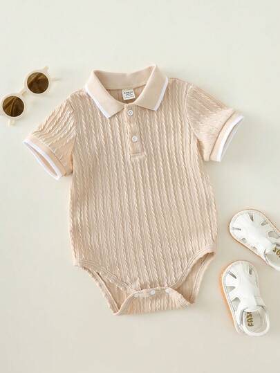 SHEIN Newborn Baby Boy/Girl Soft & Comfortable Casual Cute Simple Lapel Short Sleeve Romper, Suitable For Daily Wear, Outdoor Play, Vacation In Spring & Summer