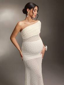 Cheriluna Maternity 孕妇摄影礼服，单肩褶皱鱼尾设计，提花面料，优雅 - 米色 - 查看 4