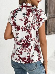 SHEIN Clasi 女士碎花荷叶边系带衬衫 - 酒紅色 - 查看 2