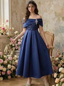 Pitira 少女优雅宝石蓝刺绣网纱缎面露肩连衣裙，腰部系带设计，适合正式场合、派对、生日等场合。 - 寶藍色 - 查看 3