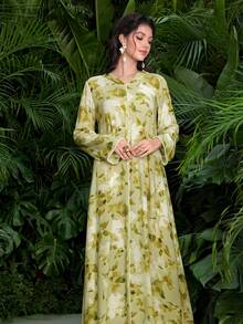 Al Najma Women's Elegant Arabic Floral Print Long Sleeve Chiffon Ruffle Hem Dress, Spring/Summer - Green - View 5