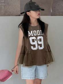 Dazy Kids 少女圆领无袖印花T恤，夏季 - 棕色 - 查看 4