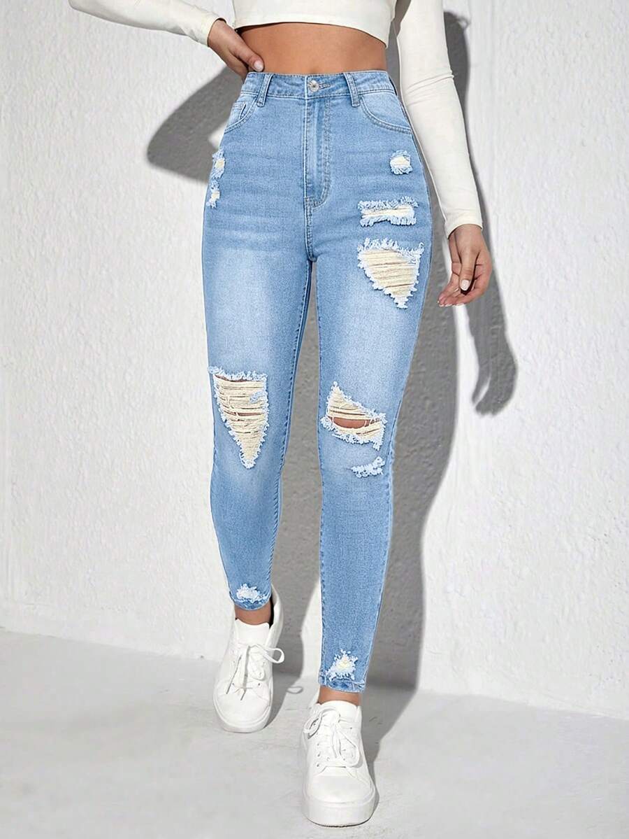 Jeanoix Jeans de mezclilla casual desgastados para mujer - Lavado ligero - Ver 1