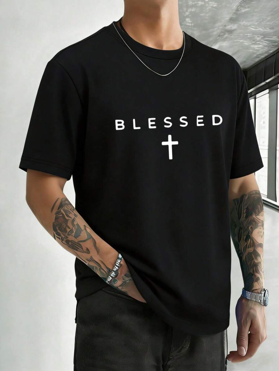 Men's fashionable printed short-sleeved crew neck casual summer short-sleeved top, machine washable, comfortable outdoor casual wear, machine washable shirt - Negro - Ver 1