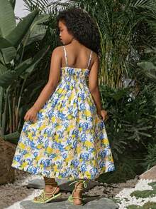 Tween Girls' Summer Fruit Print Camisole Jumpsuit, Fashion Beach Vacation Dress For Spring/Summer - Blue - View 2