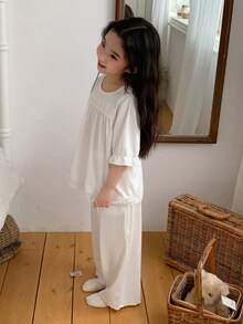 DAZY Young Girl Floral Embroidery Round Neck Mid-Sleeve Top And Wide-Leg Pants Casual Loungewear Set - White - View 3