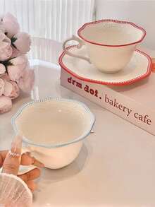 1 Set Embossed Wheat Pattern Ceramic Cup & Saucer, Vintage Baroque Nordic Wheat Design Coffee Cup & Saucer Set, French Afternoon Tea Dessert Cup & Saucer Set, Suitable For Restaurant, Living Room, Cafe - Multicolor - View 5