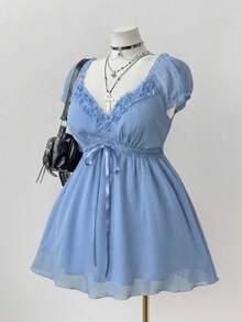 Sunspun 大码纯色褶皱领优雅短袖衬衫 - 藍色 - 查看 3