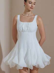 Revavyn Women's French Square Neck Textured Chiffon Patchwork Hem Dress, Suitable For Summer Parties, Beach Vacations And Daily Wear - White - View 3