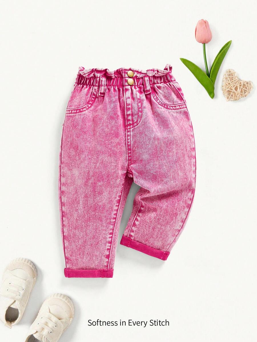 Cozy Pixies Baby Girl Summer Boho Cute Ruffle Waist Baggy Soft Denim Jeans Pants With Rolled Up Hem - Pink - View 1