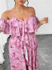 SHEIN Elenzya Đầm maxi không tay dáng xòe bất đối xứng in hoa, xếp nếp, hở vai, cỡ lớn, thanh lịch và lãng mạn cho kỳ nghỉ, mùa xuân/hè. - Hồng - Xem 5