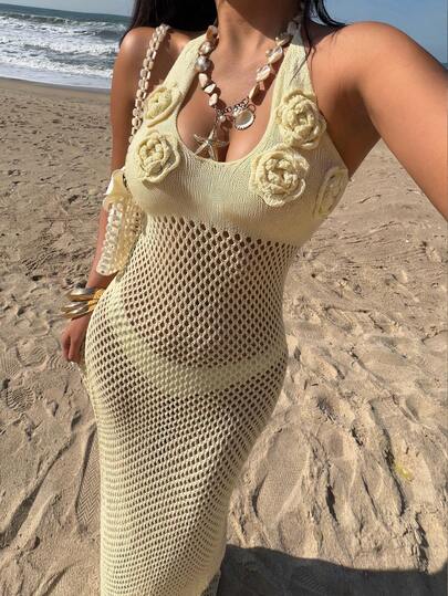 Sunnyshic Women's Yellow 3D Floral Beach Sugar Sexy Casual Fashionable Elegant Summer Dress