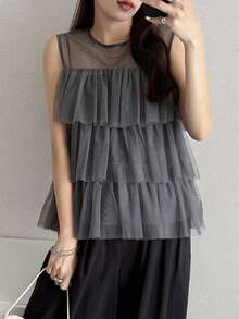 FRIFUL Áo không tay xếp lớp phối lưới cổ tròn dành cho nữ - Màu xám đen - Xem 4