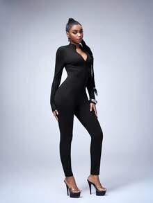 Y2Kool BiGraphic Women's Black Sexy Hot Girl Half-Zip Long-Sleeve Activewear Commuter Slim-Fit Jumpsuit, Minimalist Design - Black - View 3