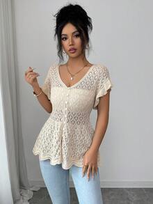 Elenzga Women's French Elegant Hollow Ruffle Sleeve V-Neck Cinched Waist Asymmetrical Hem Knit Cardigan - Beige - View 3