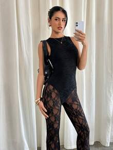 Siren Gaze Elegant Black Lace Sexy See-Through Jumpsuit For Summer - Slimming Sleeveless Fit - Stylish Nightclub Party Outfit - Black - View 6