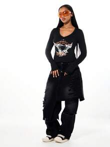 SUMWON WOMEN Vintage Motorcycle Eagle Graphic Long Sleeve V-Neck Tee With Los Angeles Print Design - Black - View 5
