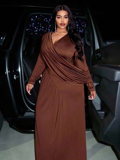 Veslaya Vestido maxi de primavera/otoño, elegante y apropiado para fiestas, citas, reuniones, carnavales, cumpleaños, bodas, graduaciones, bailes, festivales de música, salidas de chicas y citas. Cuello cruzado, ajustado, color marrón sólido, manga larga, bajo asimétrico con fruncido, inserto de cuello a contraste, tela de punto elástica, vestido maxi talla grande - Z