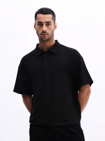SUMWON Essentials Box Fit Waffle Textured Polo Shirt With Collar Short Sleeve Regular Fit Casual Summer Weekend Everyday Office Work