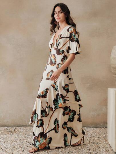 Anewsta Petite Đầm thanh lịch lãng mạn với đường viền xếp nếp tương phản màu sắc, vạt áo bất đối xứng, eo thắt, cổ chữ V, phong cách nghỉ dưỡng.