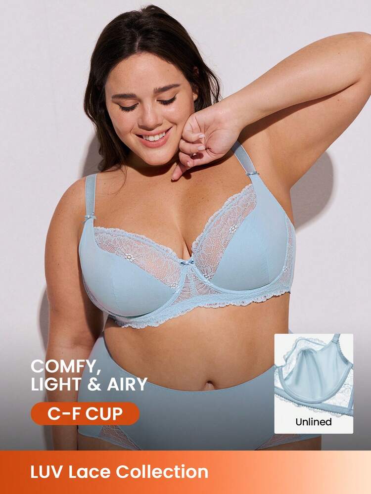 Plus  Woman Blue Lingerie Full Coverage Support&Breathable Underwire Sexy Unlined Sheer Minimizer Lace Bra