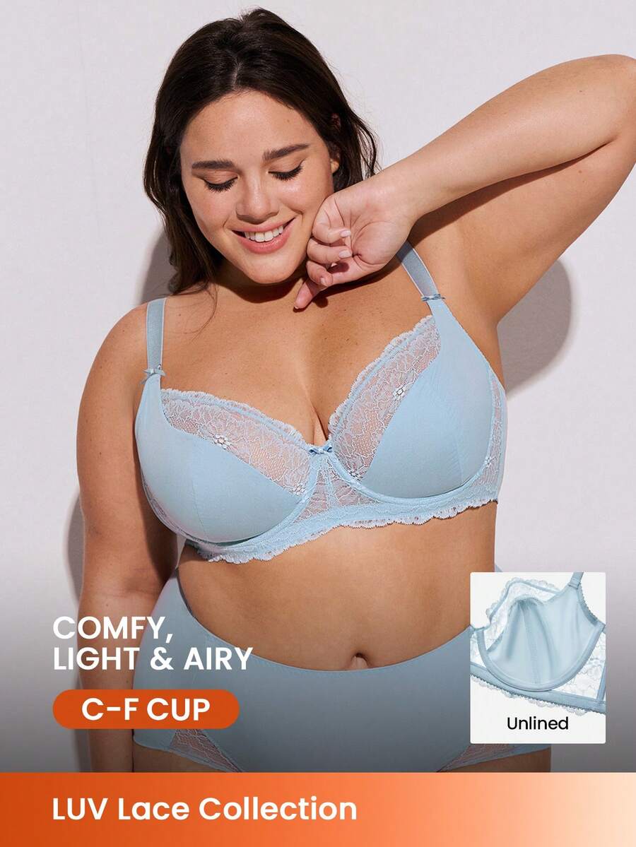 Plus  Woman Blue Lingerie Full Coverage Support&Breathable Underwire Sexy Unlined Sheer Minimizer Lace Bra