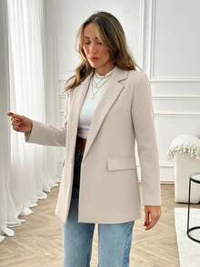 EURMUSE Women Solid Color Long Sleeve Button Detail Front Blazer Jacket - Beige - View 3