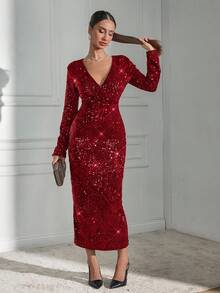 EURMUSE 女士纯色交叉V领长袖亮片修身优雅连衣裙 - 紅色 - 查看 3