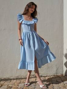 CasuGlow Robe mi-longue bleue - avec des manches volantées douces, un buste ajusté, une taille haute, un ourlet évasé, une fente latérale élégante - Bleu azur - Voir 5
