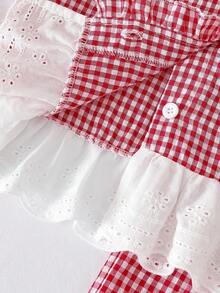 女童两件套：无袖格子蕾丝边上衣 + 阔腿裤，夏季休闲度假装 - 紅色 - 查看 7