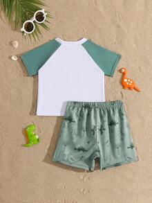 2pcs Cute Dinosaur Print Baby/Toddler Boys Swimsuit Set Baby Dinosaur Swimsuit Baby Boy Rash Guard Toddler Boy Beach Wear Dinosaur Toddler Boy Outfit Graphic Tees Baby Boy Toddler Rash Guard Boy Toddler Swim Shirts - Army Green - View 2