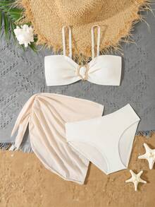 SHEIN 少女比基尼套装，时尚杏色纯色，网纱针织面料，无肩带上衣配肩带，网纱裙。三件套：金属肩带无肩带上衣+三角裤+网纱裙。时尚、休闲、优雅、淑女风。适合游泳、夏季度假、夏季海滩、海边泳池、游泳池、夏季派对、休闲度假等场合。贝壳图案泳衣，保守比基尼套装，两件式泳装，少女泳衣套装，青少年两件套泳装。 - 彩色 - 查看 5