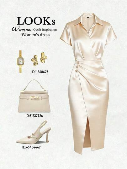 SHEIN Franclia Champagne Gold V-Neck Short-Sleeve Waist-Cinched Dress | Elegant Collared Side-Button Slim-Fit Short Dress With Slit | Stylish Work & Banquet Slimming Dress For Sophisticated Daily & Formal Occasions