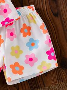 SHEIN Elladie kids 女童彩色碎花吊带背心和短裤套装，夏季透气舒适，适合外出穿着，活泼可爱 - 白色 - 查看 8