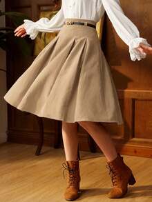 Vintamour 复古优雅女士褶裥A字半身裙，配腰带，棕色，适合工作或休闲场合，返校季服装，秋季服装，秋季穿搭，教师服装，冬季女士复古服装，卡其色半身裙，返校节半身裙，短款酒红色 - 卡其色 - 查看 2