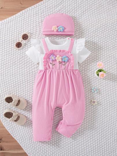 2pcs/Set Baby Girls Summer New Round Neck Ribbed Fabric Short Sleeve Ruffle Trim Romper With Floral Embroidery Jumpsuit + Hat Set