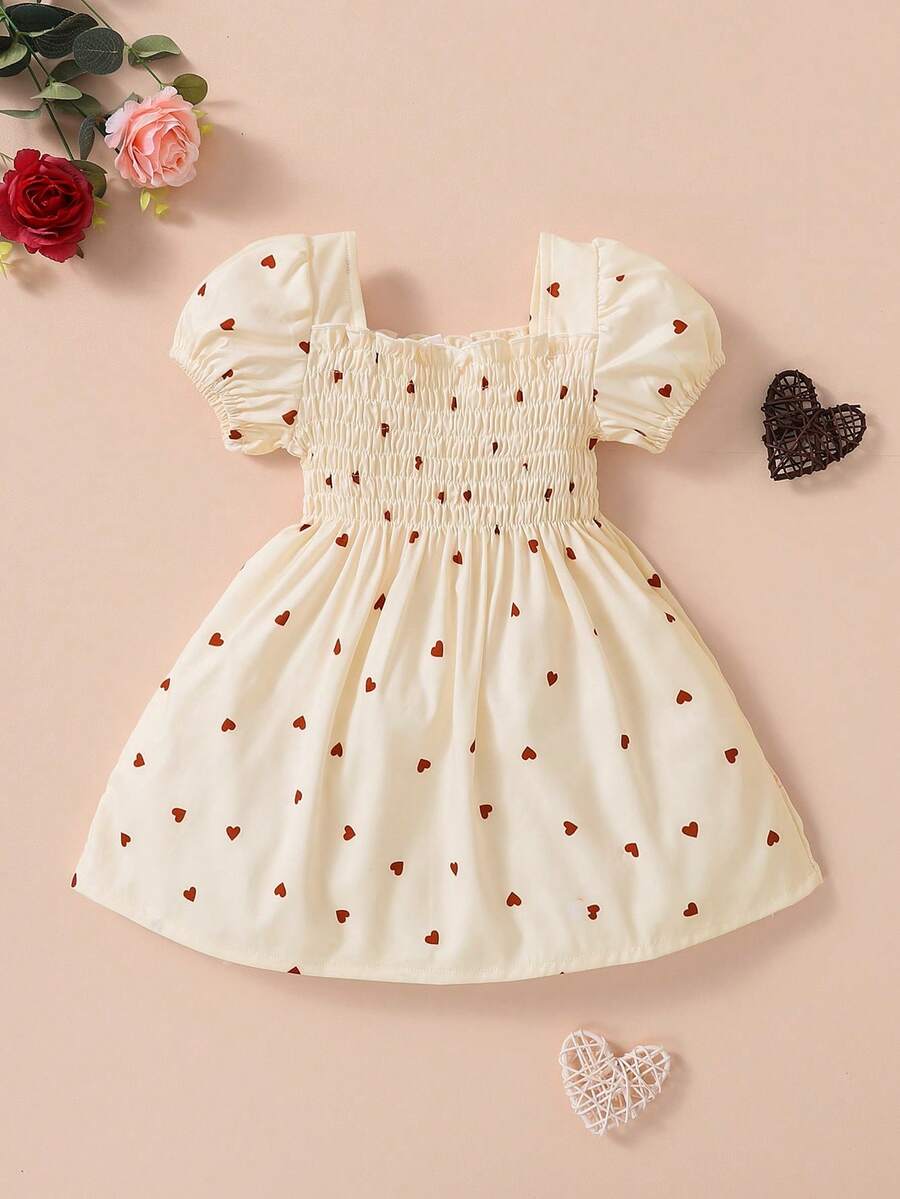 Souflis Souflis Baby Girl Heart Print Shirred Puff Sleeve Dress - Beige - View 1