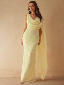 Silquee 女士褶皱垂褶领长连衣裙，春夏款 - 淡黃色 - 查看 3